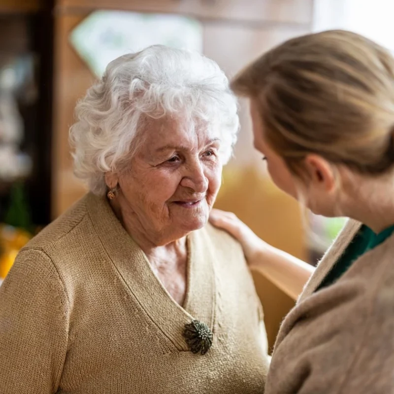 Support worker talking happily with elderly client